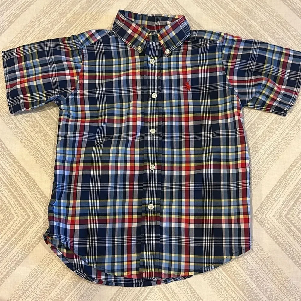 Ralph Lauren Boys Short-sleeve Blue, Red, White plaid Button Down Shirt - Size 4